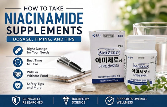 Person holding a niacinamide supplement bottle with a glass of water, illustrating the correct dosage, timing, and daily use of niacinamide supplements.